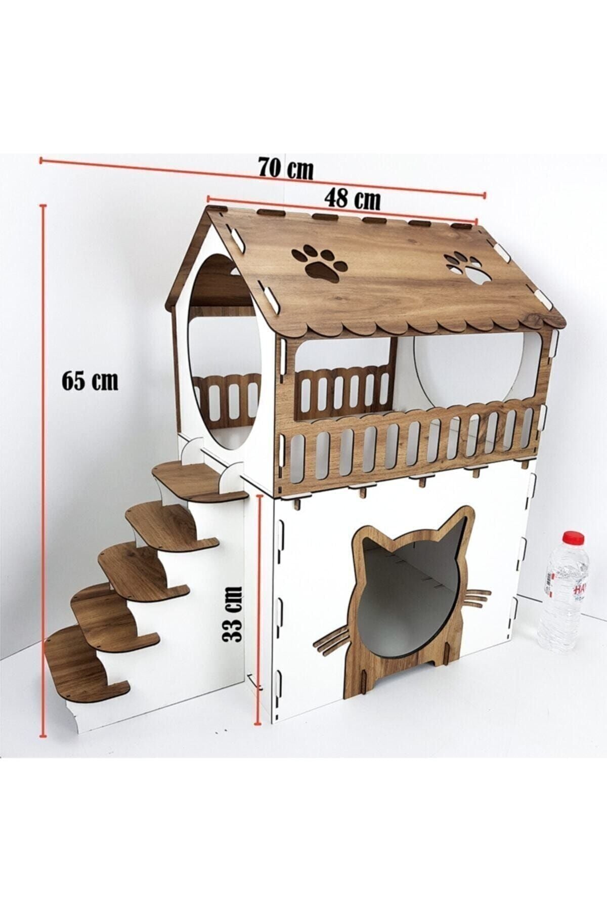 Onix Home Teras Katlı Kedi Evi AHŞAP KEDİ EVİ KEDİ YATAĞI