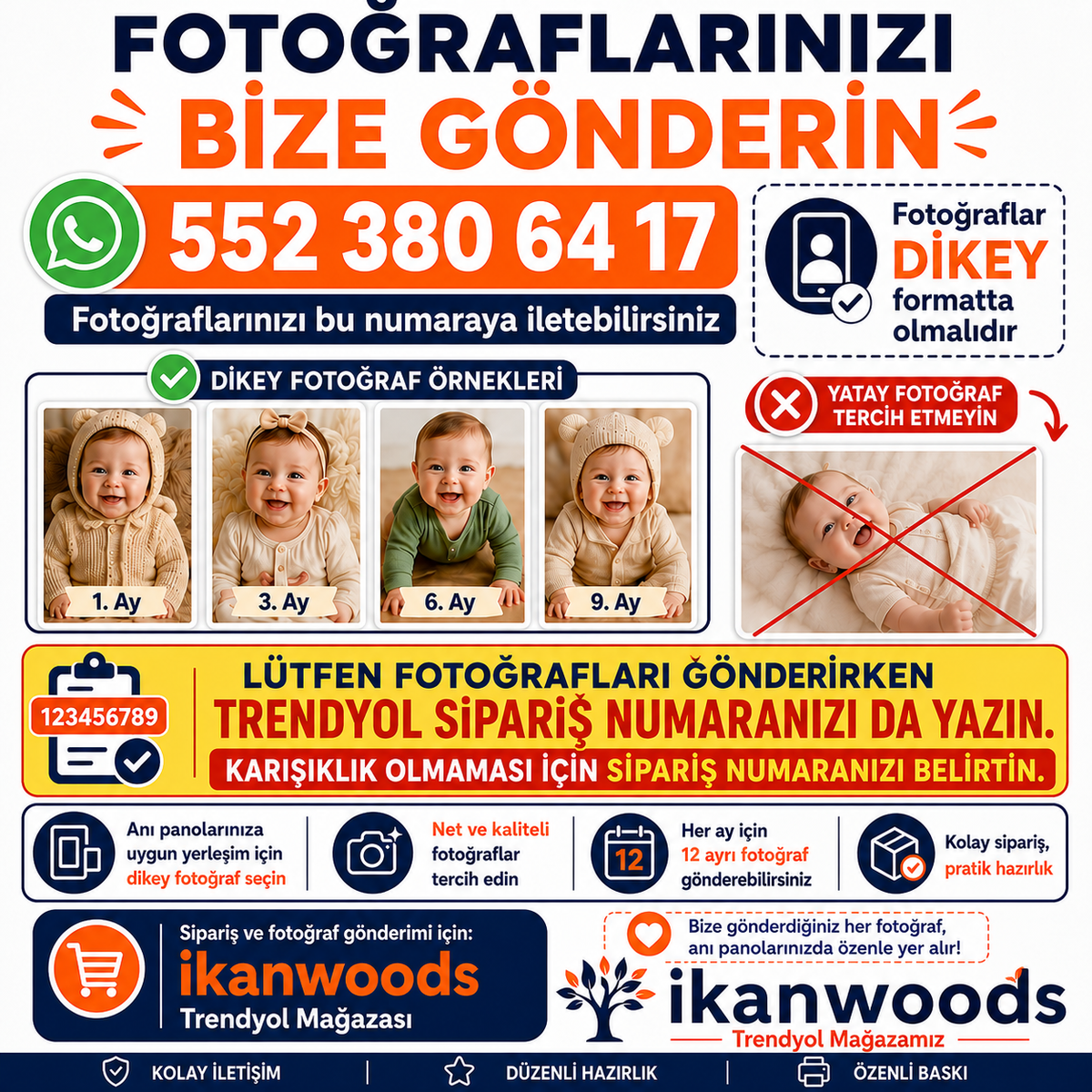 İKANWOODS 12 Ay Bebek Fotoğraf Baskısı 12’li Set Yüksek Çözünürlüklü 1 Yaş Anı Panosu Uyumlu