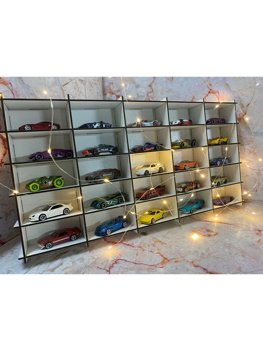 Ahşap Araba Rafı 25'li Beyaz Renk (Hotwheels ve Matcbox Arabaları Için Uygundur)