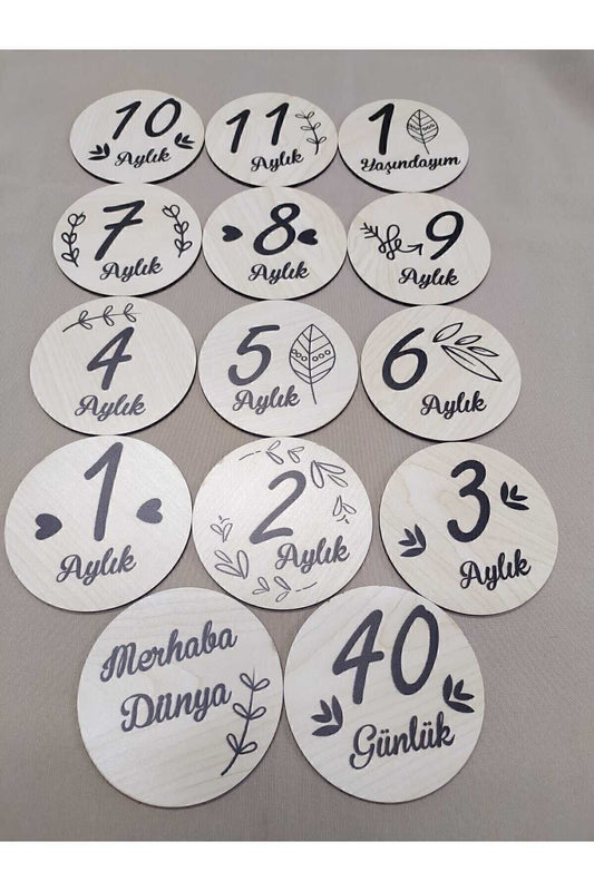 12 Aylık Plak Seti Ahşap Bebek Fotoğraf Kartları , Ilklerim Seti , Anı Kartları,hobbeb003,1 Yaş