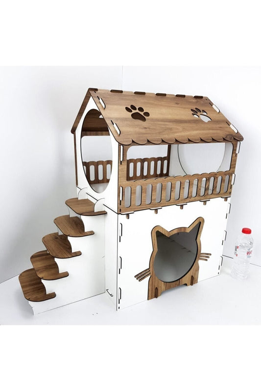 Onix Home Teras Katlı Kedi Evi AHŞAP KEDİ EVİ KEDİ YATAĞI