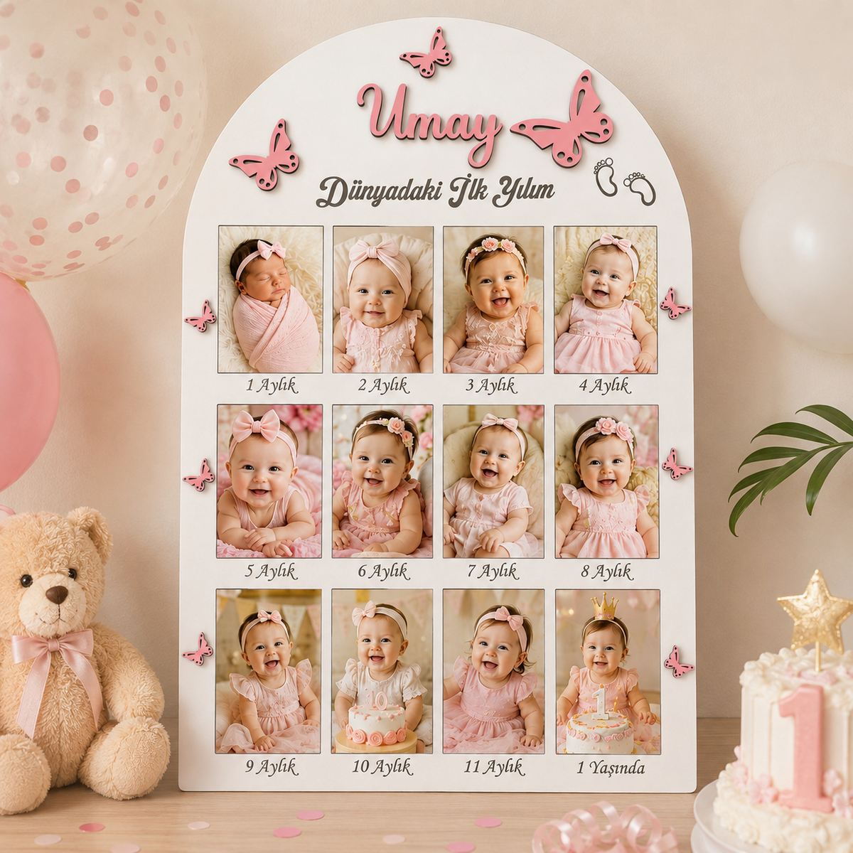 Kişiye Özel 12 Ay Bebek Fotoğraf Baskısı 12’li Set Dikey Fotoğraflı 1 Yaş Anı Panosu