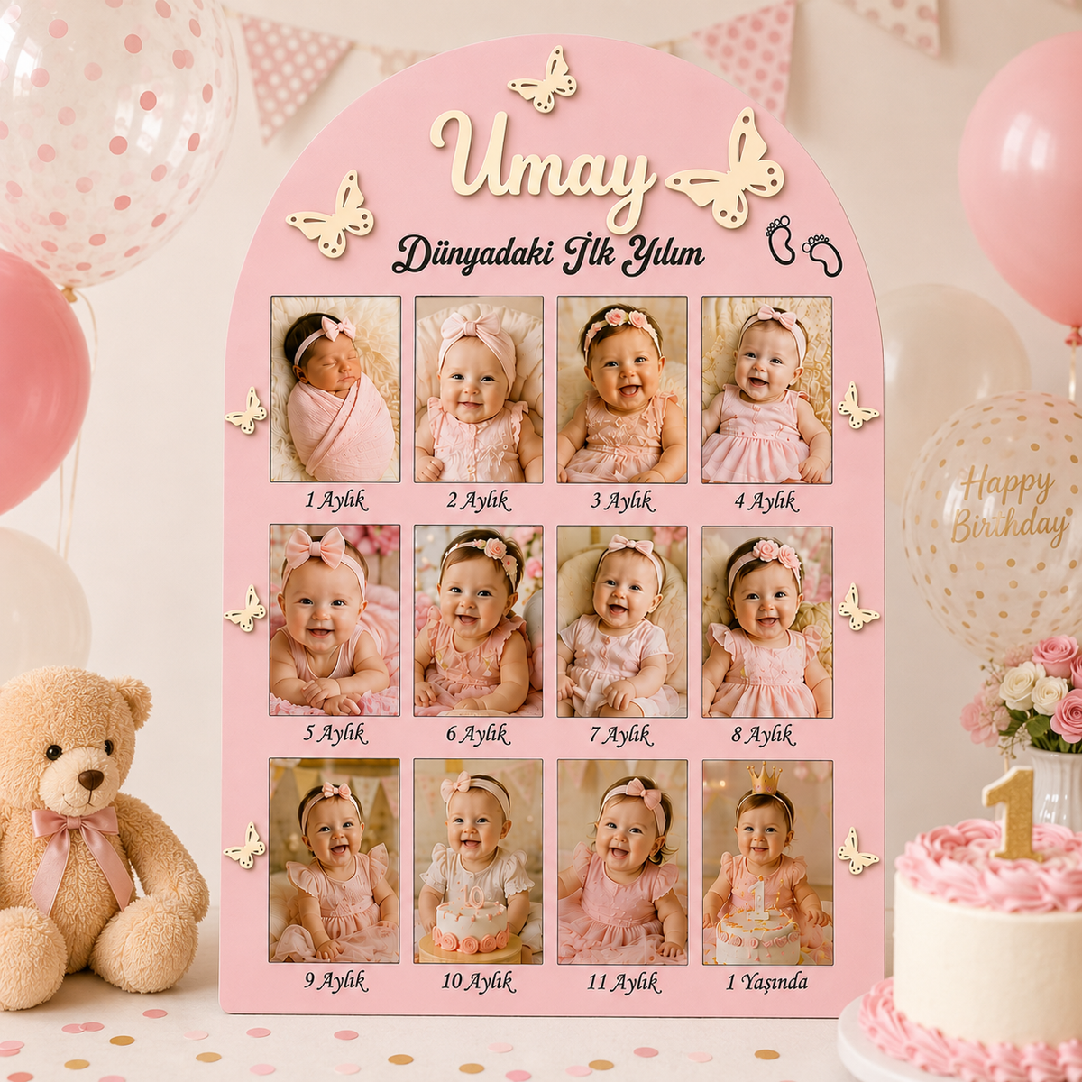 Kişiye Özel 12 Ay Bebek Fotoğraf Baskısı 12’li Set Dikey Fotoğraflı 1 Yaş Anı Panosu