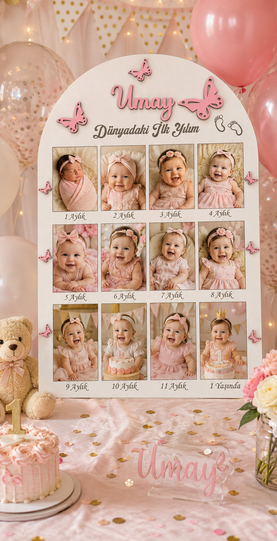 Kişiye Özel 12 Ay Bebek Fotoğraf Baskısı 12’li Set Dikey Fotoğraflı 1 Yaş Anı Panosu