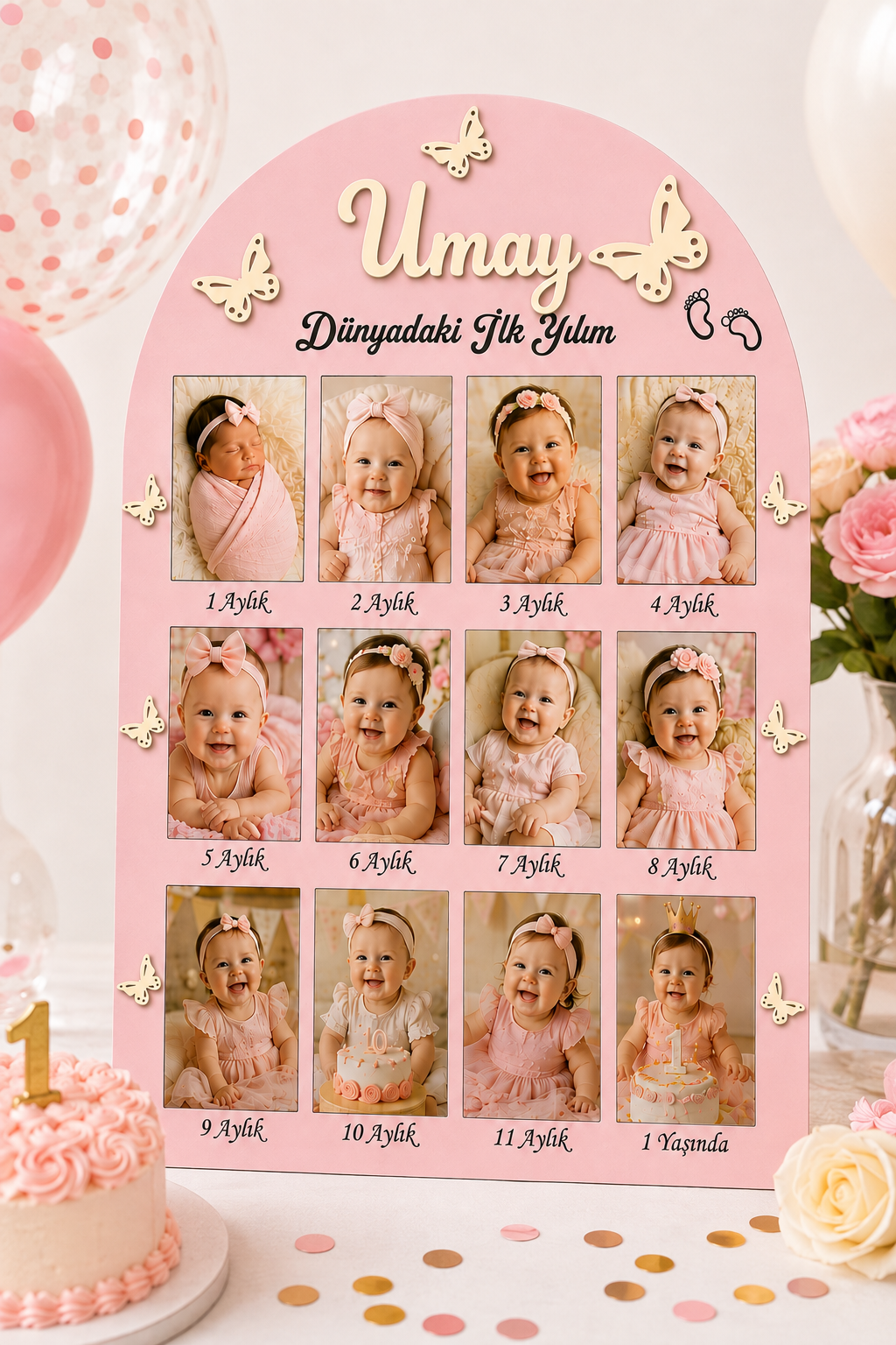 Kişiye Özel 12 Ay Bebek Fotoğraf Baskısı 12’li Set Dikey Fotoğraflı 1 Yaş Anı Panosu