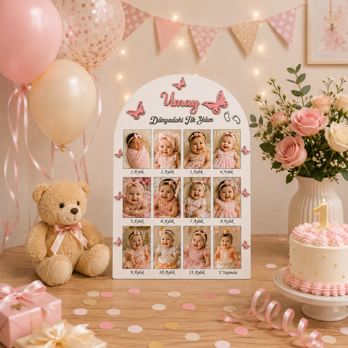 Kişiye Özel 12 Ay Bebek Fotoğraf Baskısı 12’li Set Dikey Fotoğraflı 1 Yaş Anı Panosu