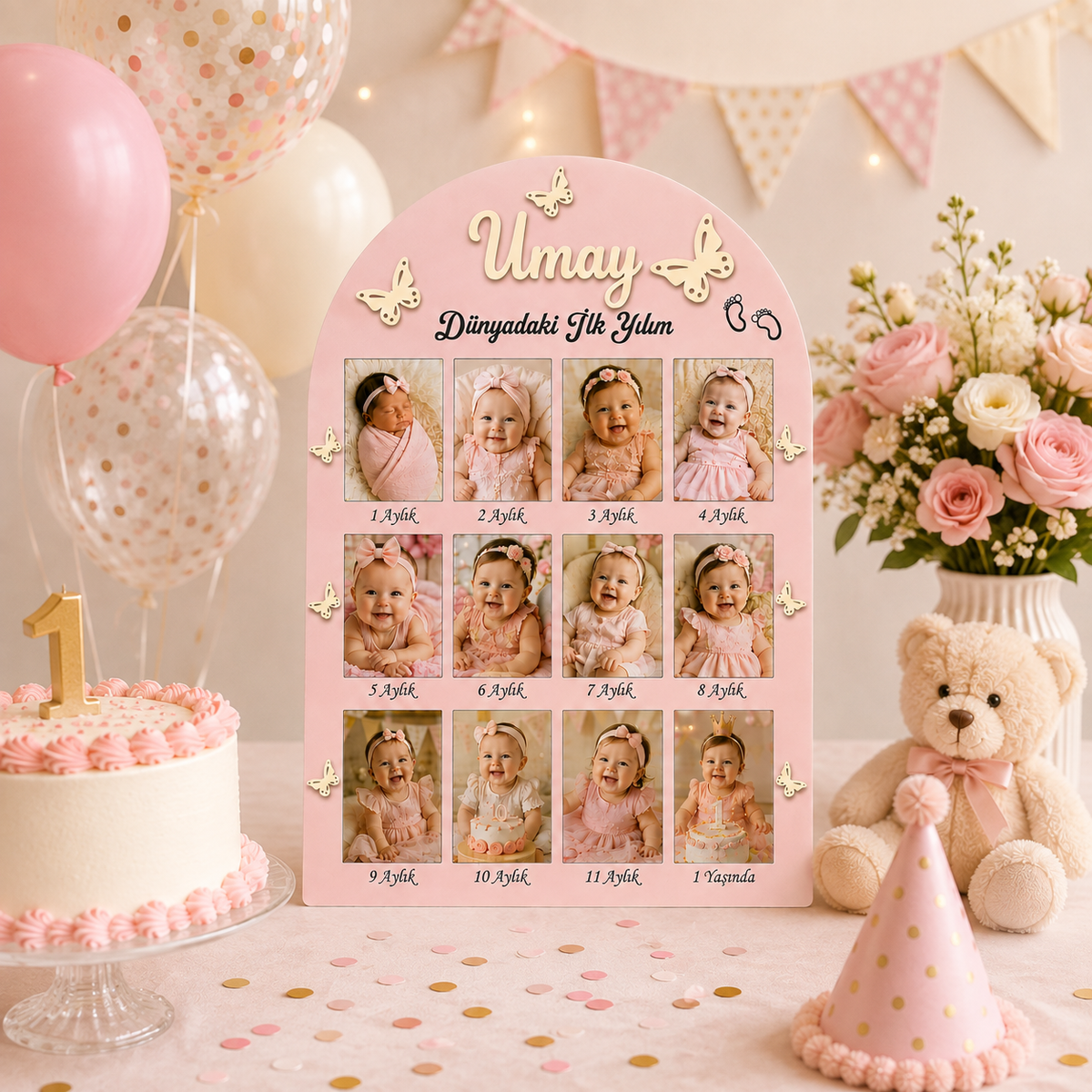 Kişiye Özel 12 Ay Bebek Fotoğraf Baskısı 12’li Set Dikey Fotoğraflı 1 Yaş Anı Panosu