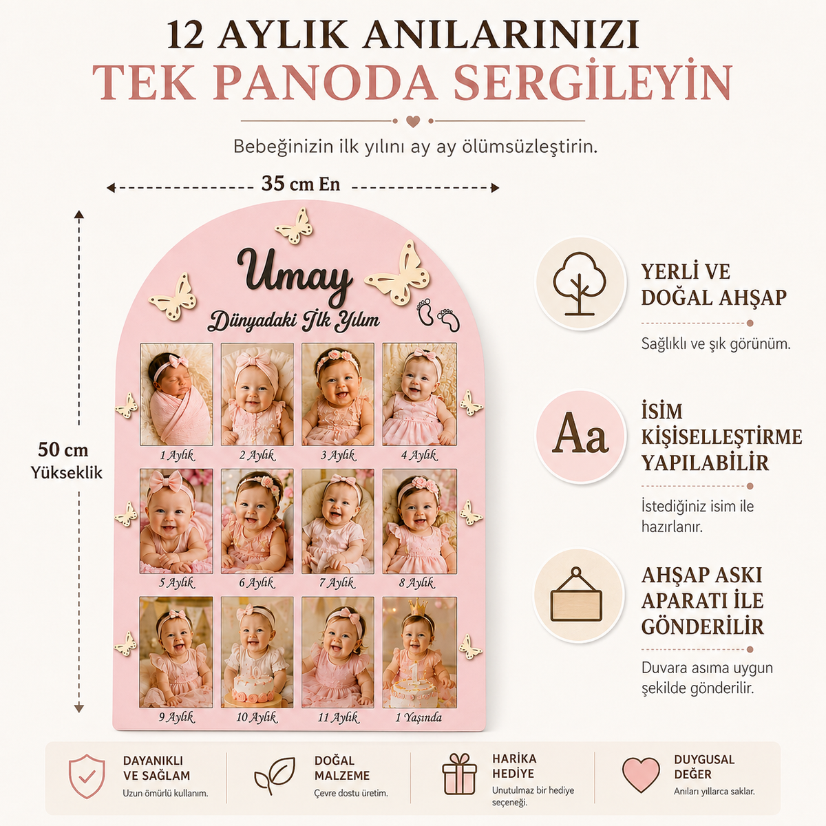 Kişiye Özel 12 Ay Bebek Fotoğraf Baskısı 12’li Set Dikey Fotoğraflı 1 Yaş Anı Panosu