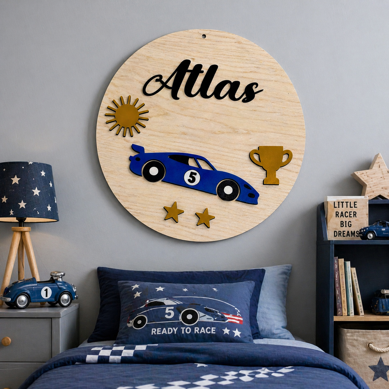 Kişiye Özel Araba Temalı Ahşap Çocuk Odası Duvar Süsü 30 cm