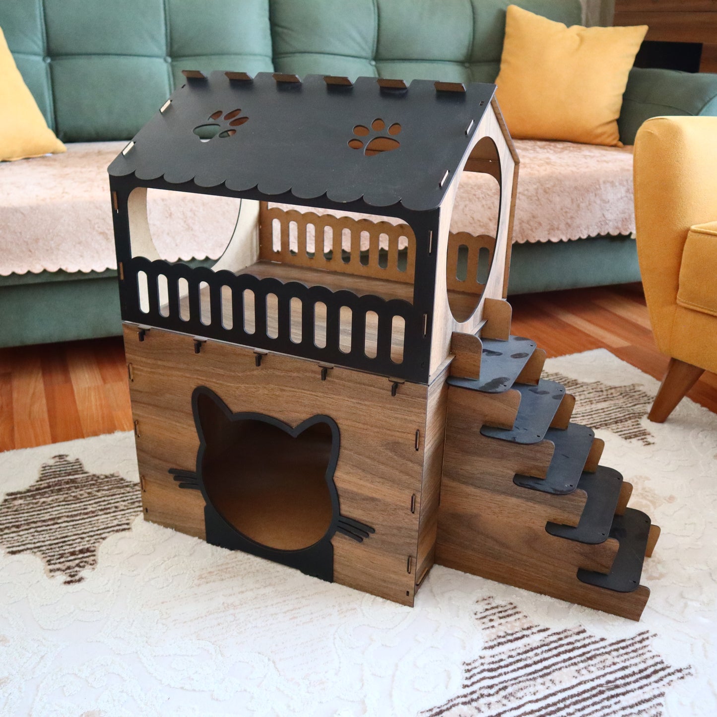 Çift Katlı Ahşap Kedi Evi | Merdivenli Modern MDF Kedi Kulübesi