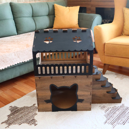 Çift Katlı Ahşap Kedi Evi – Merdivenli, Modern Tasarım, Dayanıklı MDF & Pleksi Kedi Kulübesi | Kapalı ve Açık Alan Kullanımı