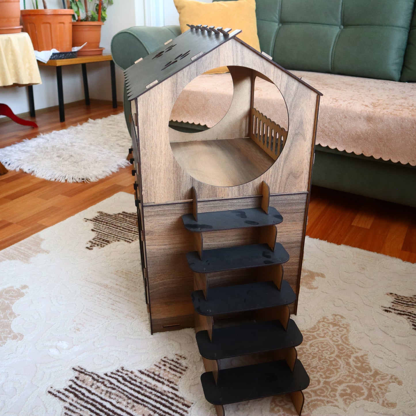 Çift Katlı Ahşap Kedi Evi | Merdivenli Modern MDF Kedi Kulübesi