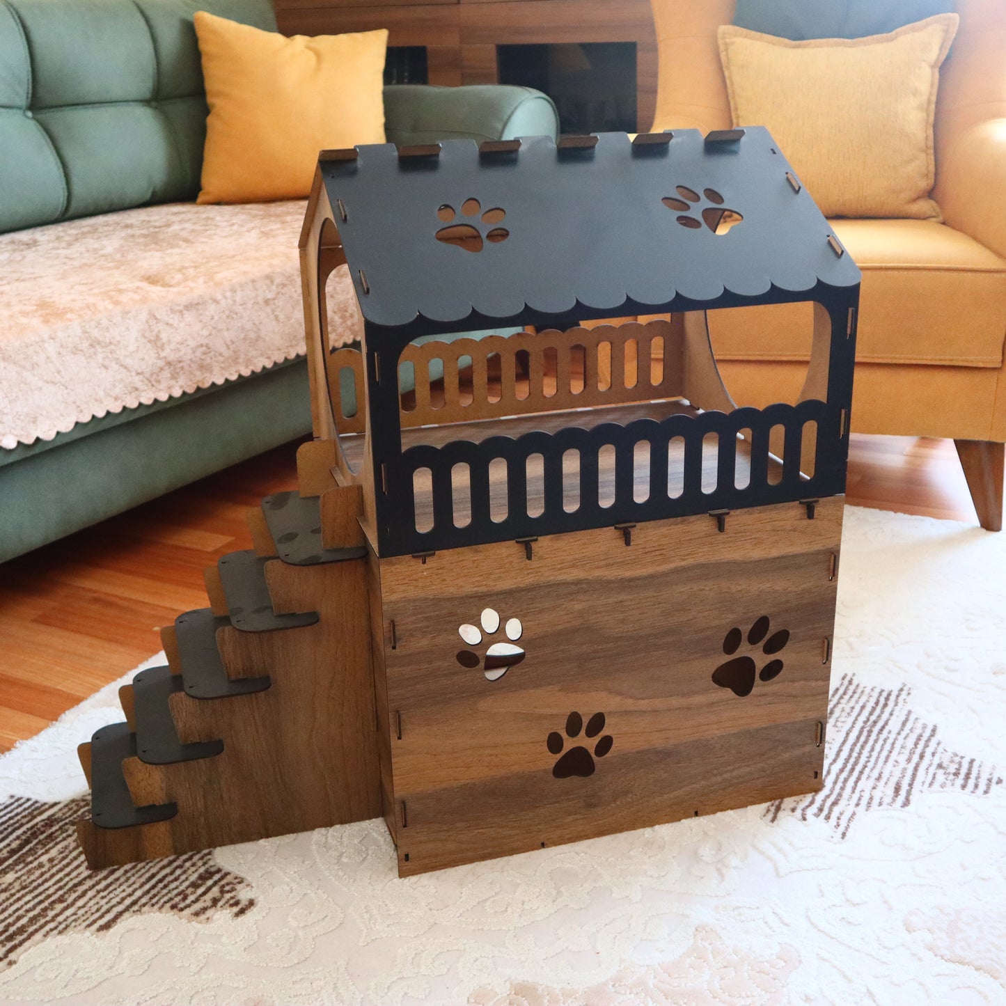 Çift Katlı Ahşap Kedi Evi | Merdivenli Modern MDF Kedi Kulübesi