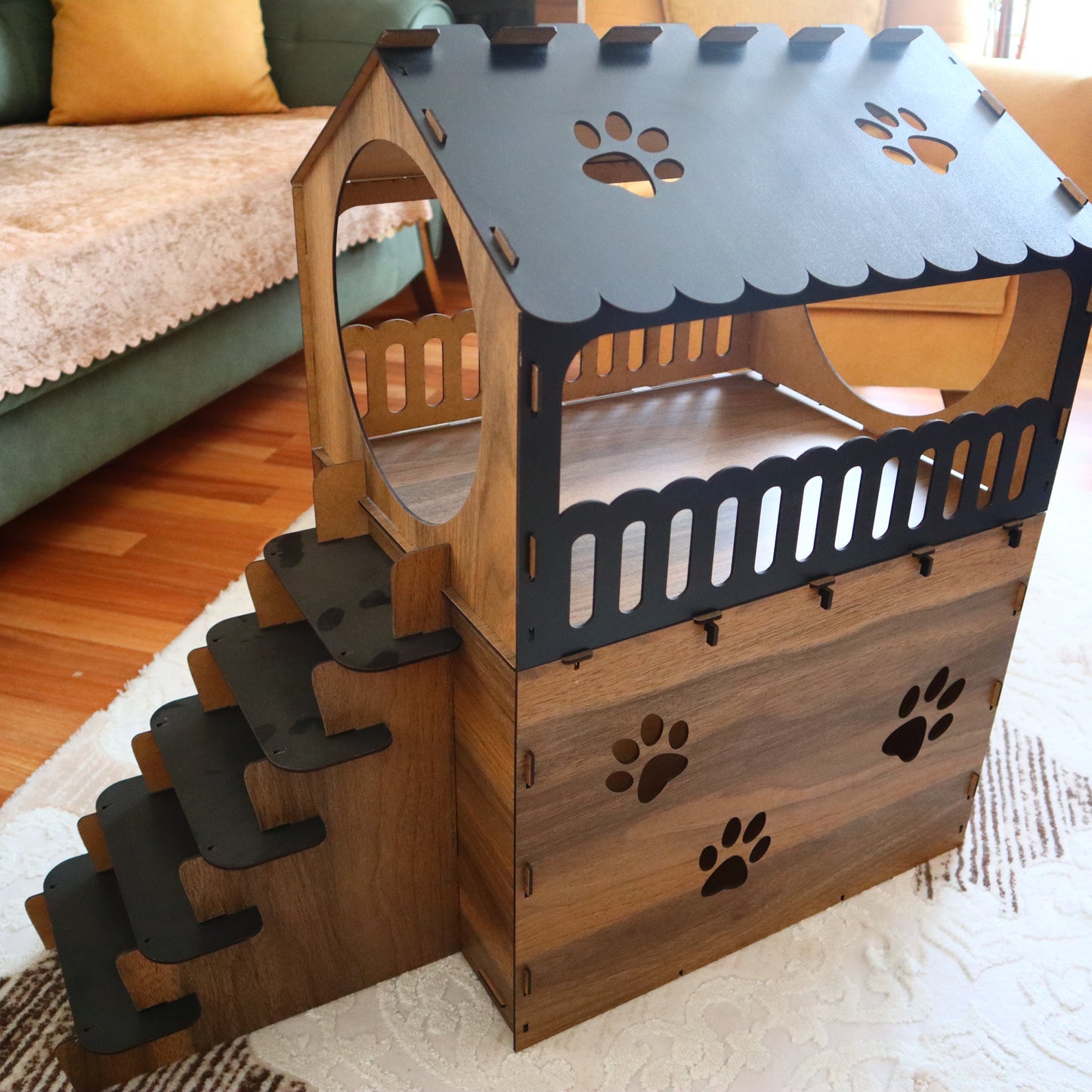 Çift Katlı Ahşap Kedi Evi | Merdivenli Modern MDF Kedi Kulübesi