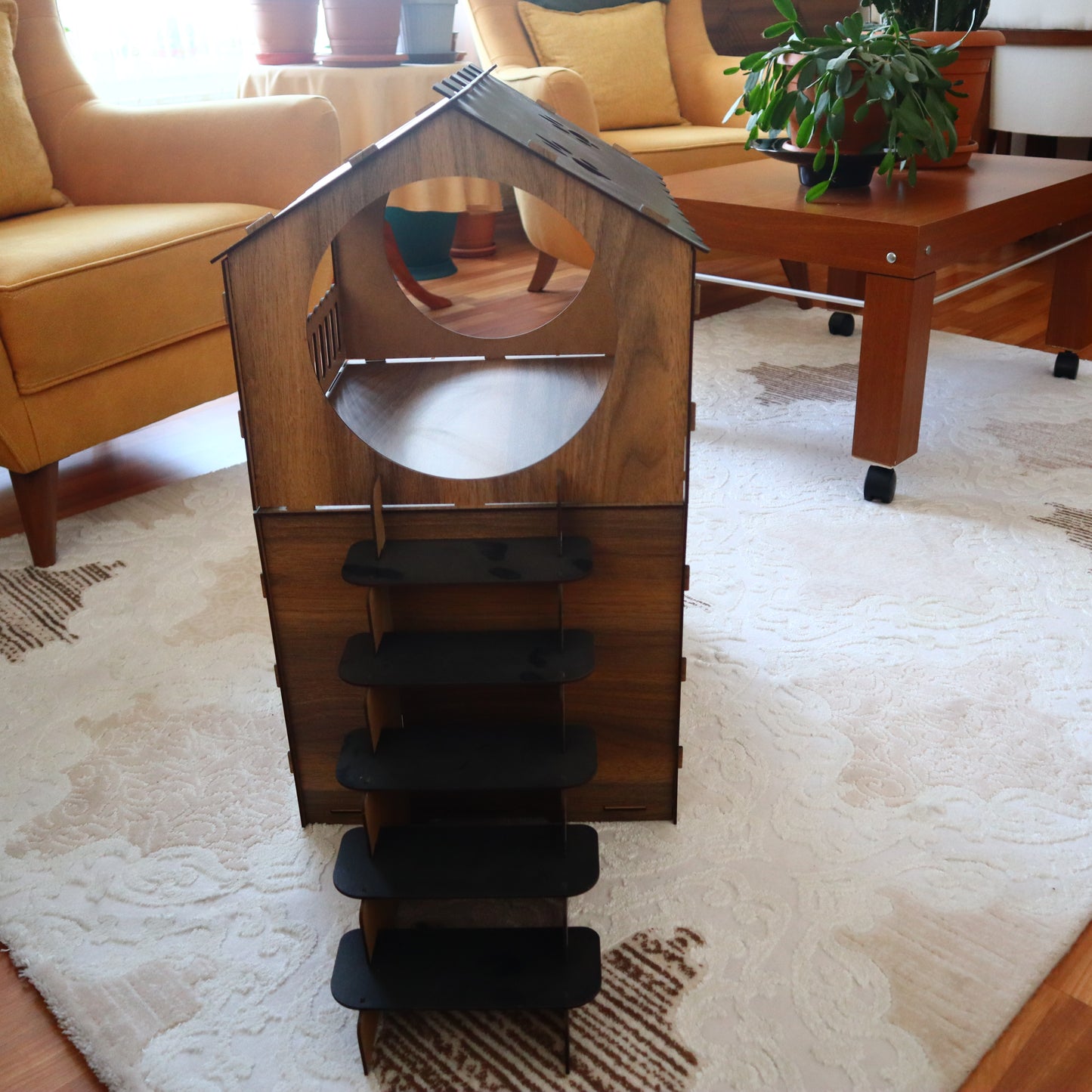 Çift Katlı Ahşap Kedi Evi | Merdivenli Modern MDF Kedi Kulübesi