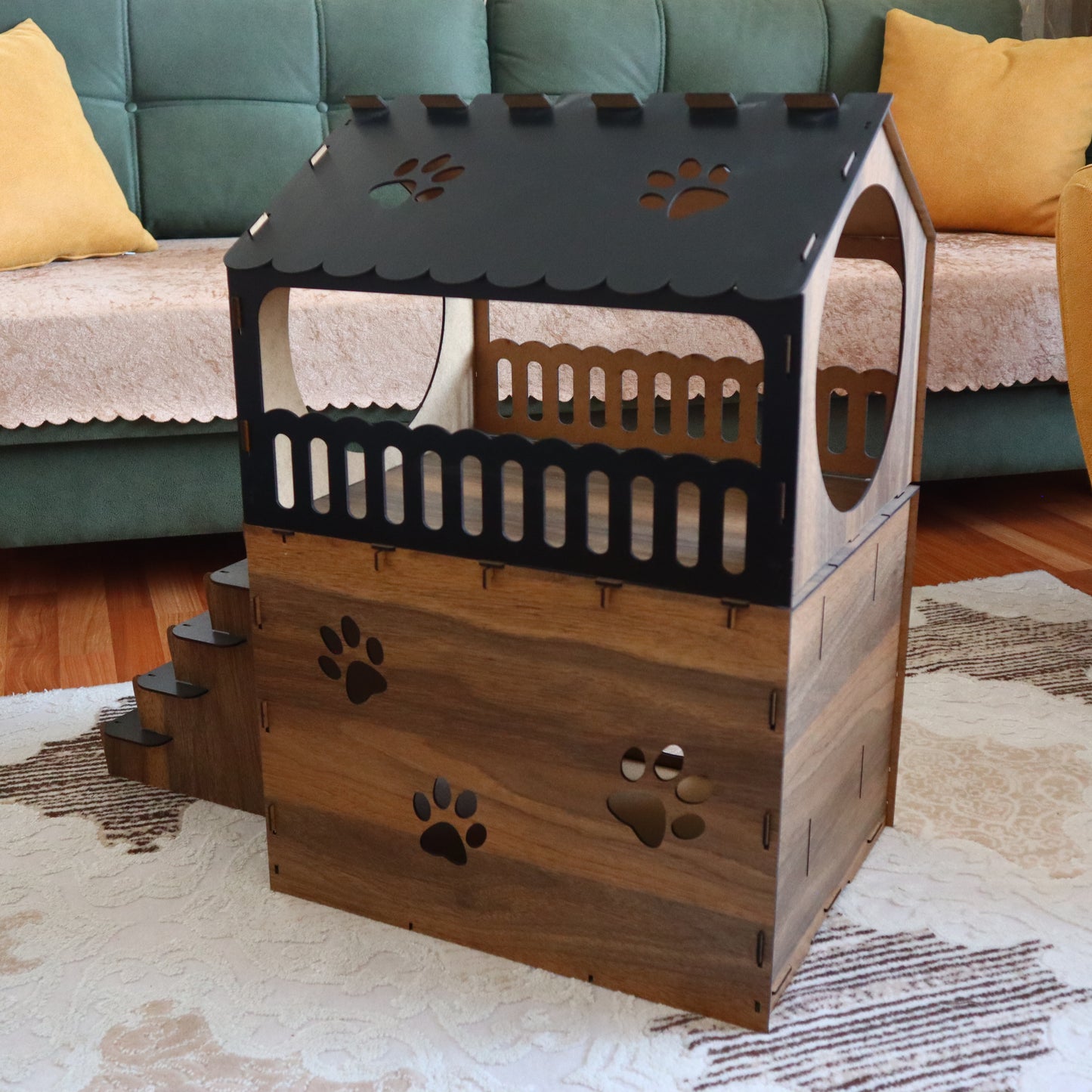 Çift Katlı Ahşap Kedi Evi | Merdivenli Modern MDF Kedi Kulübesi