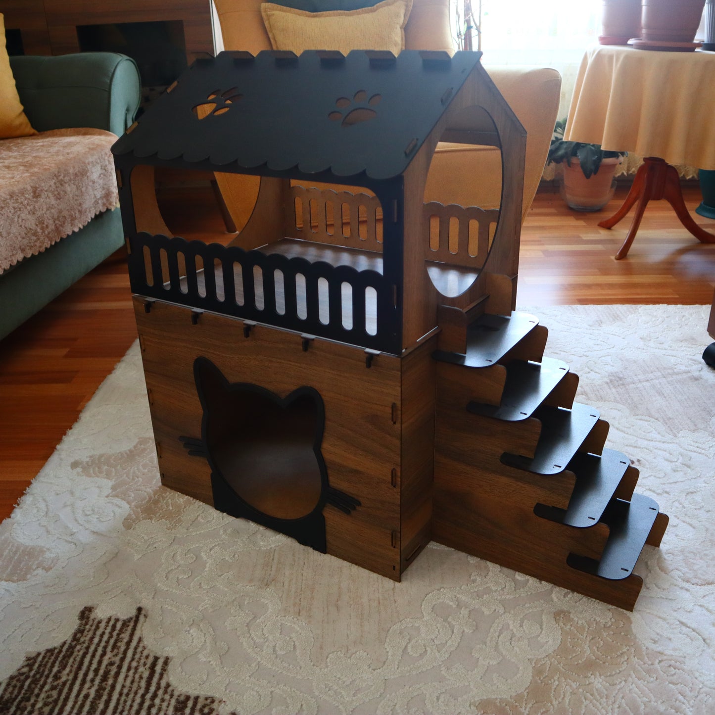 Çift Katlı Ahşap Kedi Evi | Merdivenli Modern MDF Kedi Kulübesi