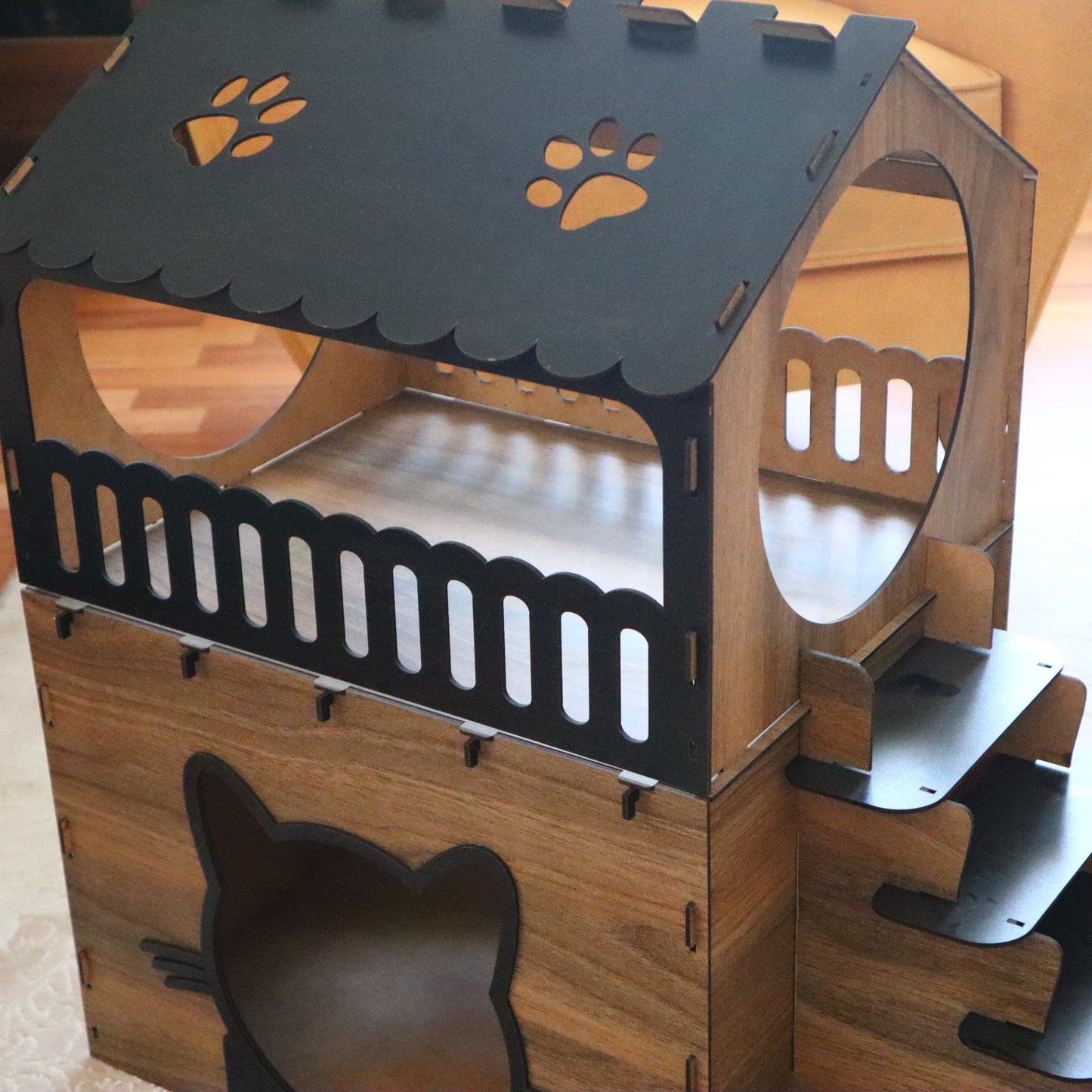 Çift Katlı Ahşap Kedi Evi | Merdivenli Modern MDF Kedi Kulübesi
