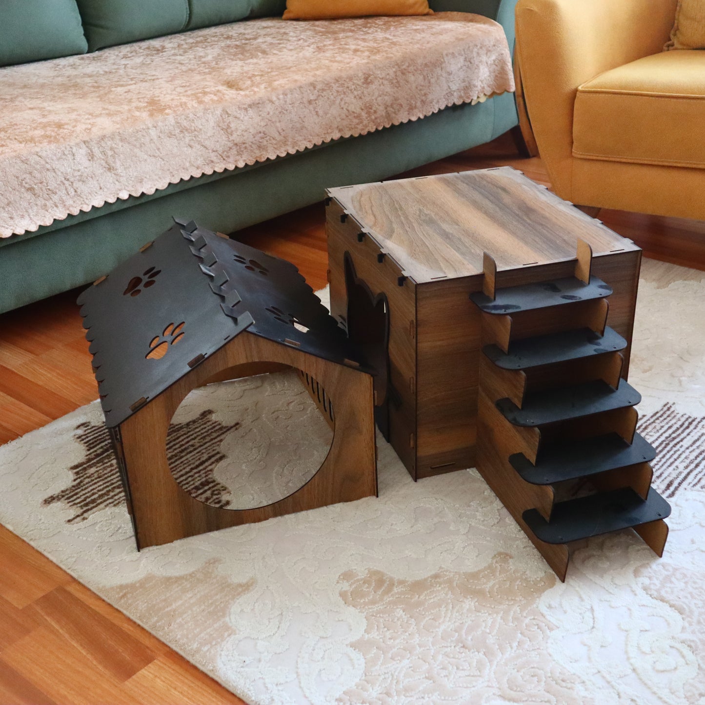 Çift Katlı Ahşap Kedi Evi | Merdivenli Modern MDF Kedi Kulübesi