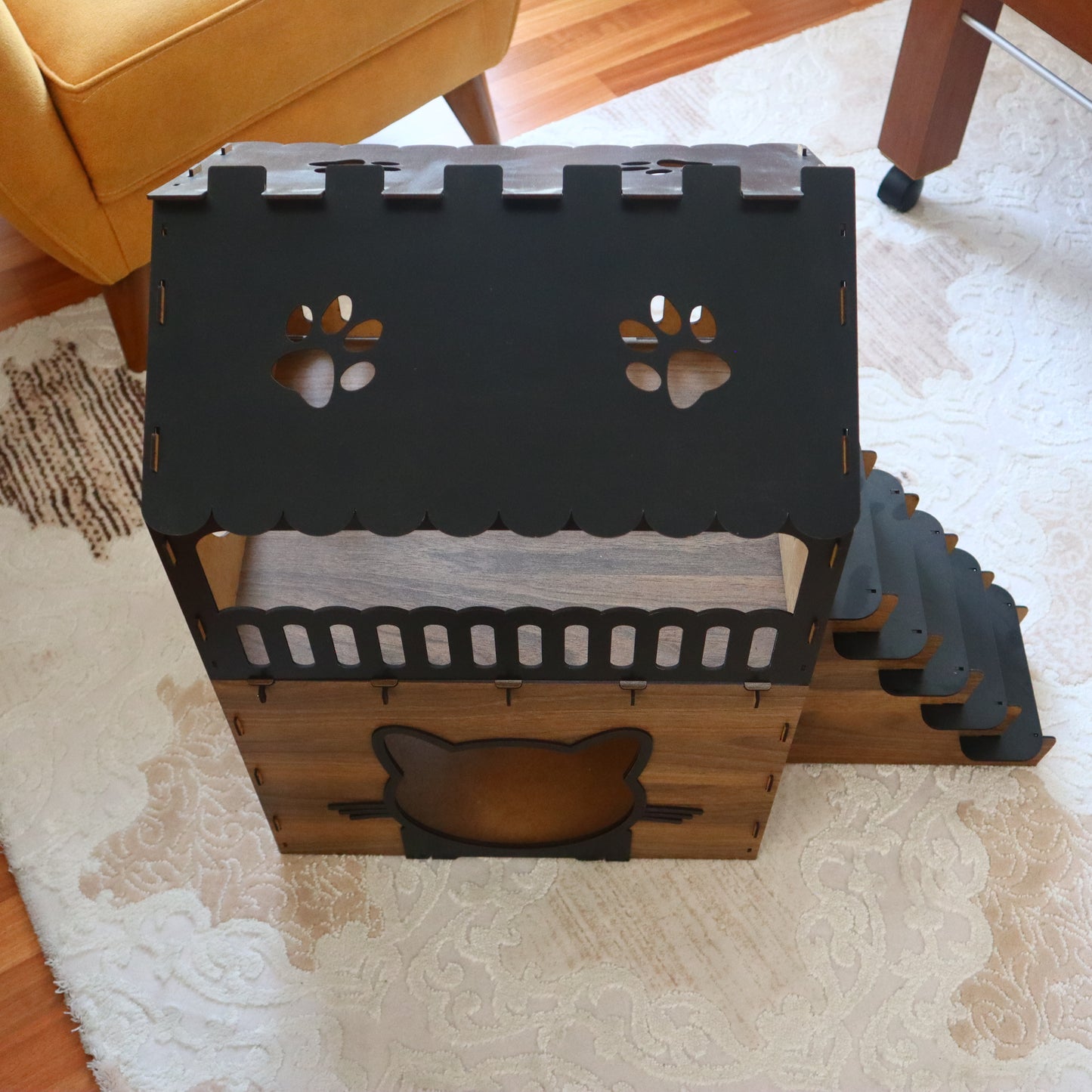 Çift Katlı Ahşap Kedi Evi | Merdivenli Modern MDF Kedi Kulübesi