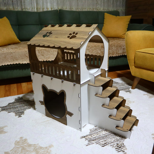 Çift Katlı Ahşap Kedi Evi – Merdivenli, Modern Tasarım, Dayanıklı MDF & Pleksi Kedi Kulübesi | Kapalı ve Açık Alan Kullanımı BEYAZ-AHŞAP RENK