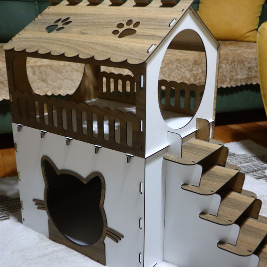 Çift Katlı Ahşap Kedi Evi – Merdivenli, Modern Tasarım, Dayanıklı MDF & Pleksi Kedi Kulübesi | Kapalı ve Açık Alan Kullanımı BEYAZ-AHŞAP RENK