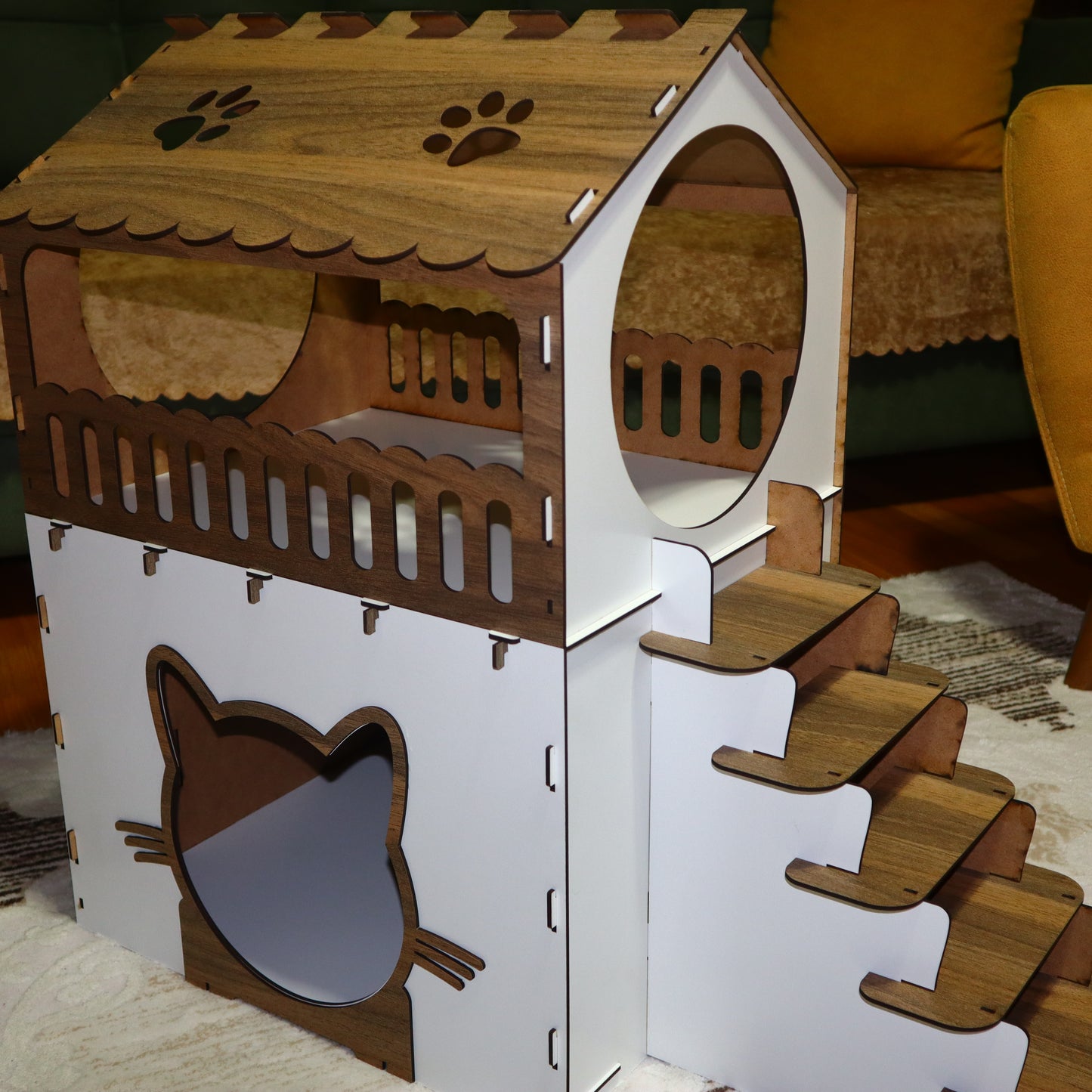 Çift Katlı Ahşap Kedi Evi | Beyaz Ahşap MDF Kedi Kulübesi