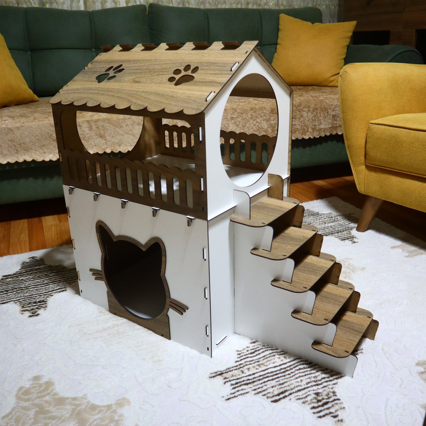 Çift Katlı Ahşap Kedi Evi | Beyaz Ahşap MDF Kedi Kulübesi