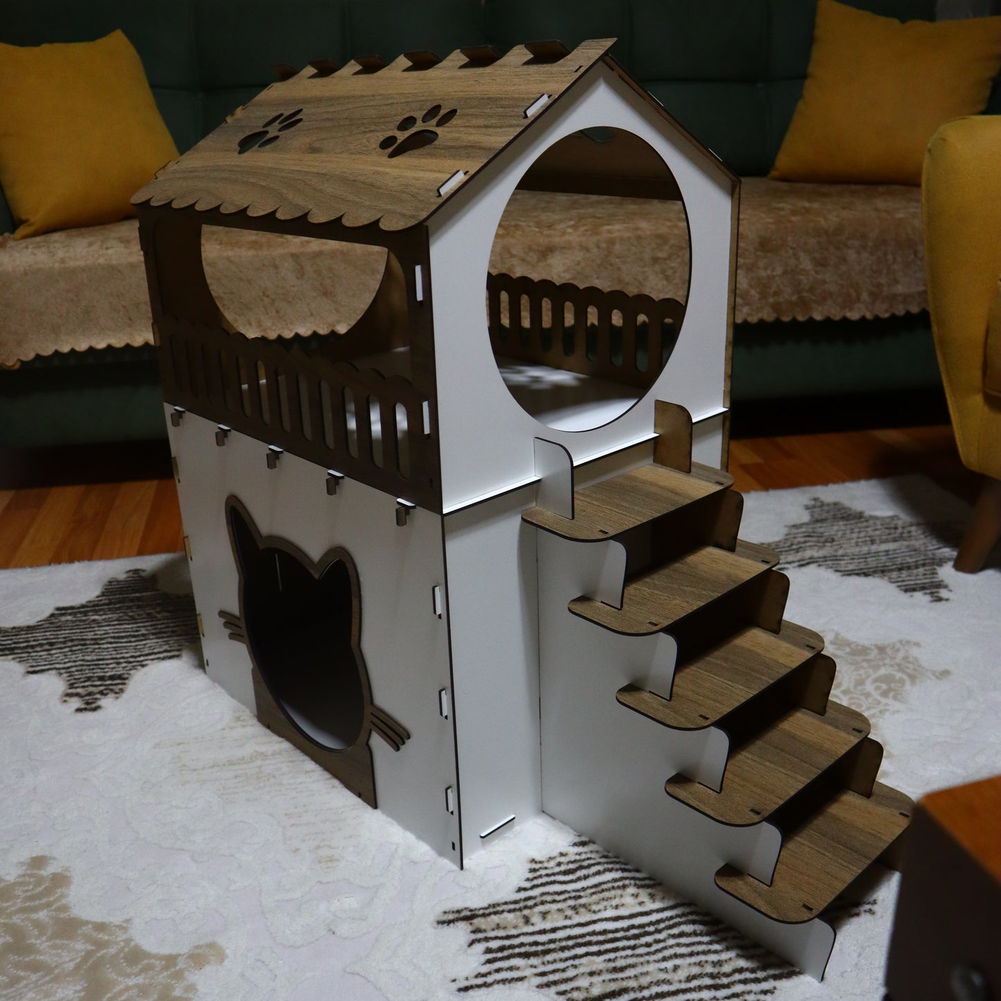 Çift Katlı Ahşap Kedi Evi | Beyaz Ahşap MDF Kedi Kulübesi