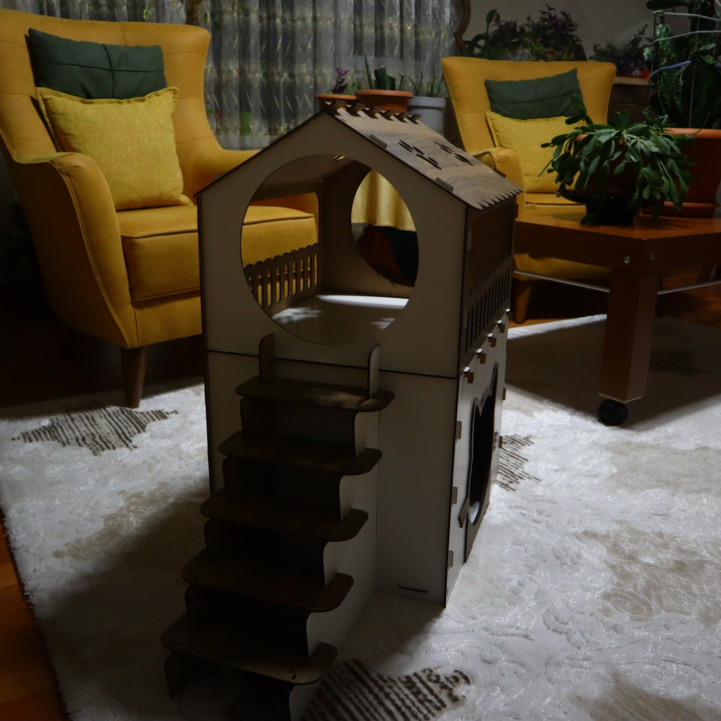 Çift Katlı Ahşap Kedi Evi | Beyaz Ahşap MDF Kedi Kulübesi