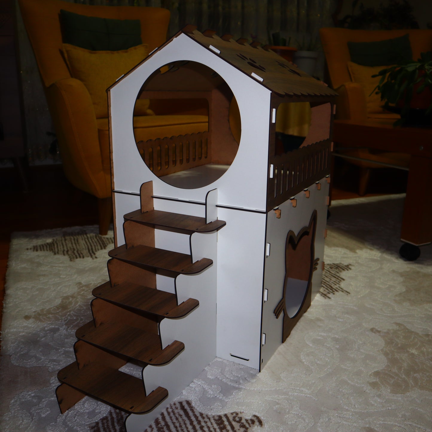 Çift Katlı Ahşap Kedi Evi | Beyaz Ahşap MDF Kedi Kulübesi