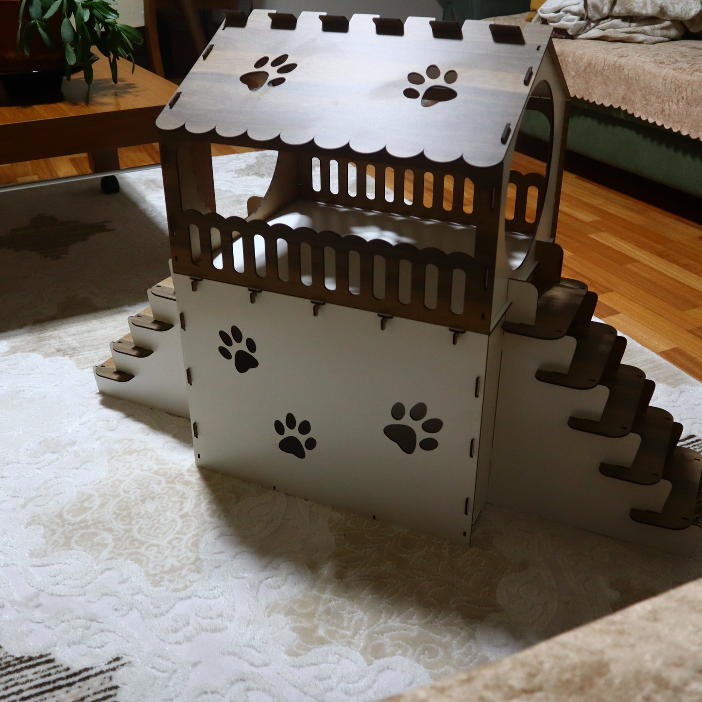 Çift Katlı Ahşap Kedi Evi | Beyaz Ahşap MDF Kedi Kulübesi