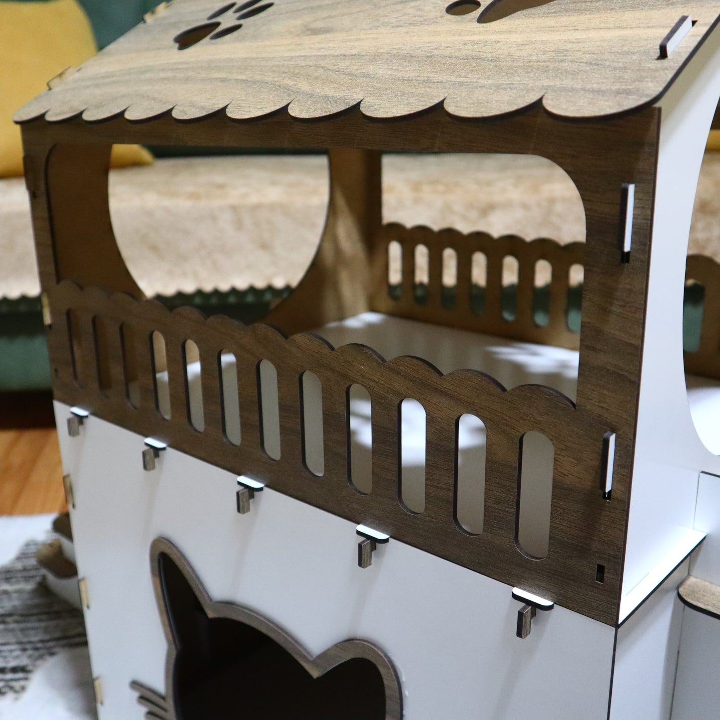Çift Katlı Ahşap Kedi Evi | Beyaz Ahşap MDF Kedi Kulübesi