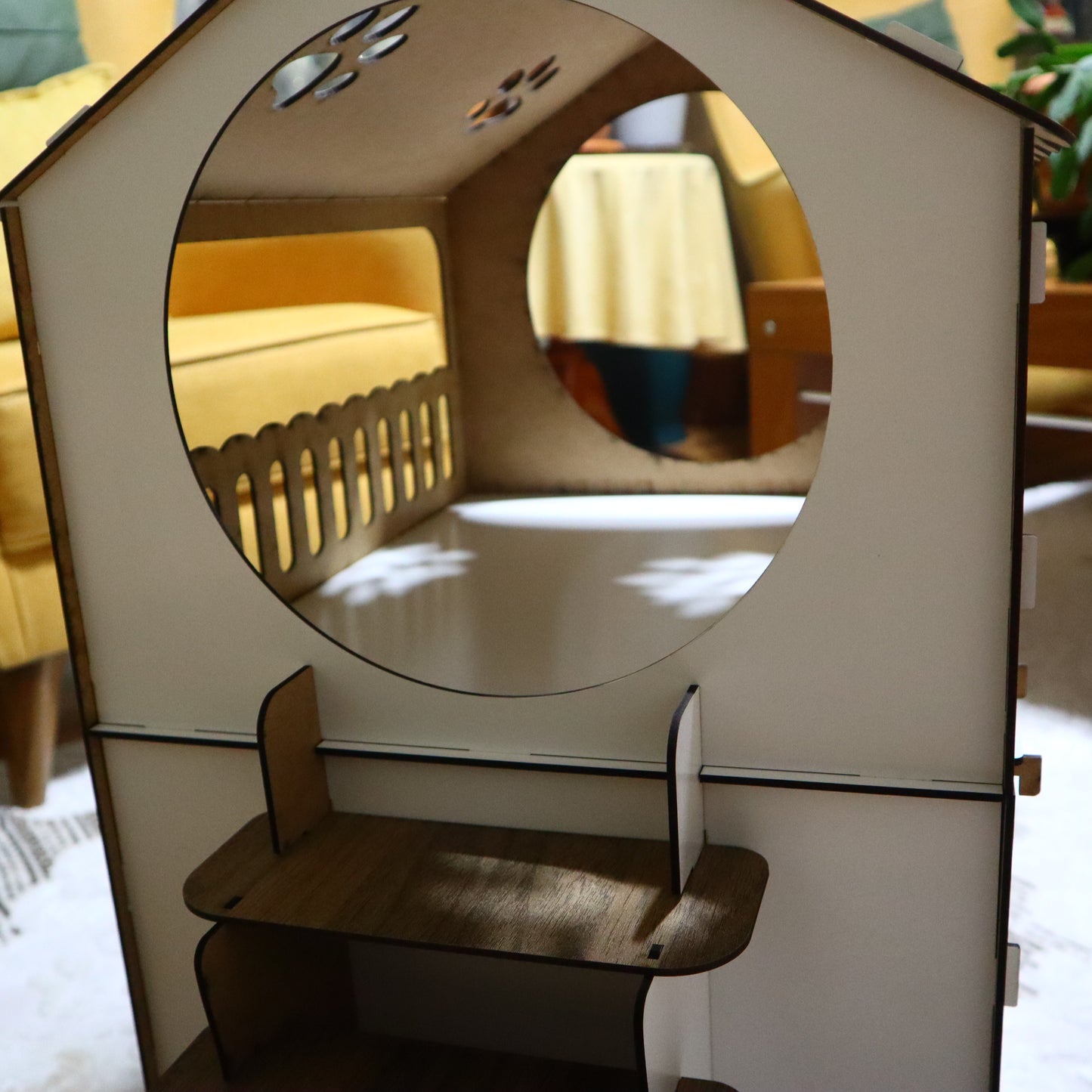 Çift Katlı Ahşap Kedi Evi | Beyaz Ahşap MDF Kedi Kulübesi