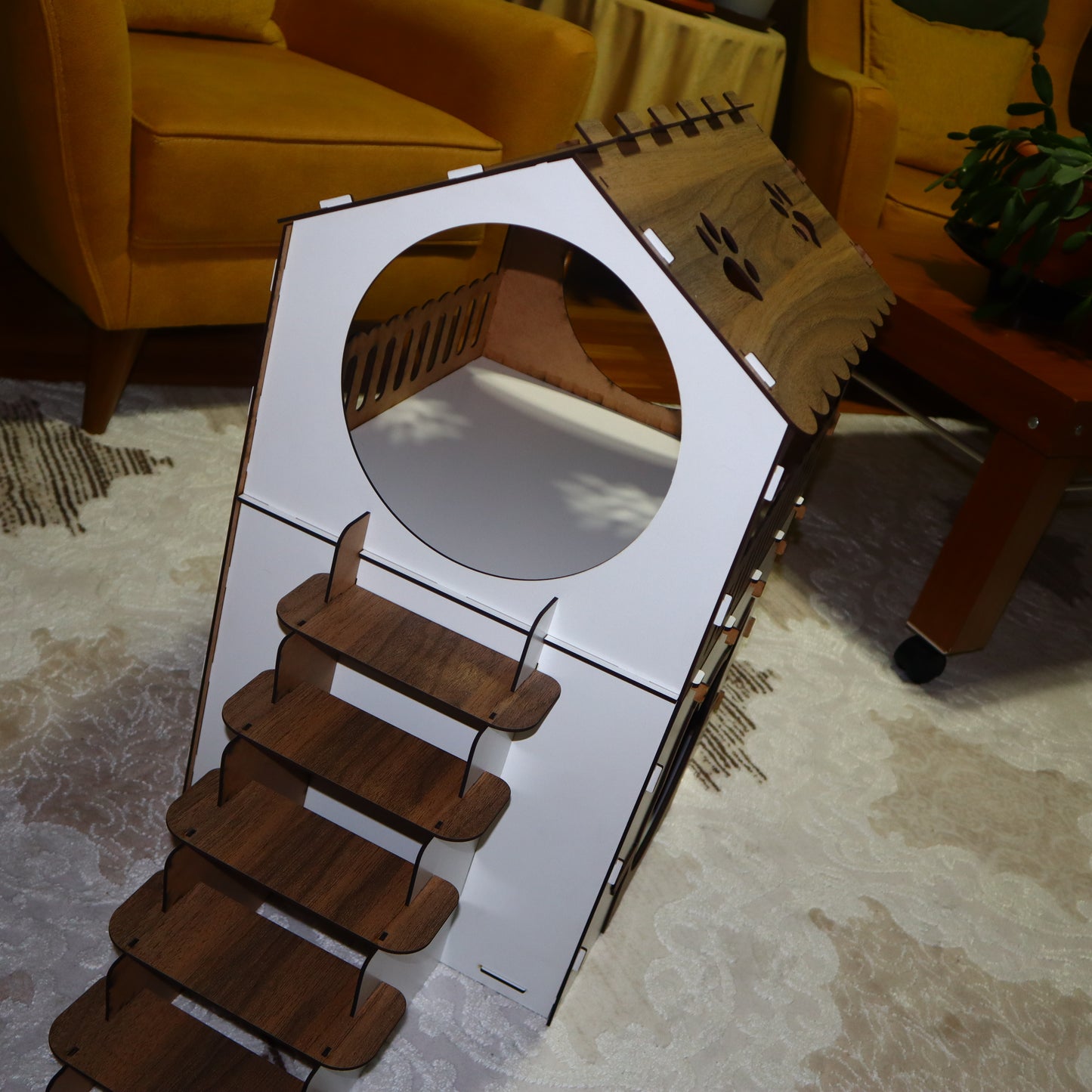 Çift Katlı Ahşap Kedi Evi | Beyaz Ahşap MDF Kedi Kulübesi