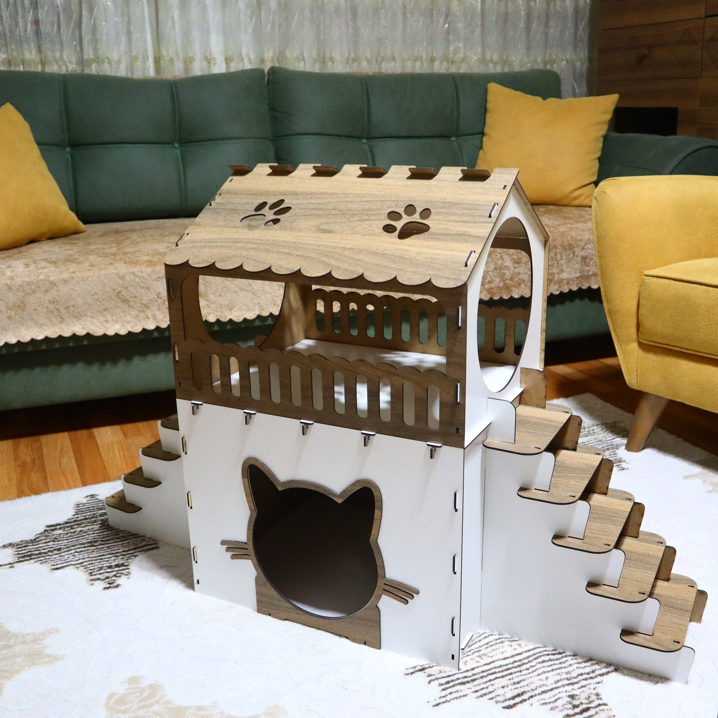 Çift Katlı Ahşap Kedi Evi | Beyaz Ahşap MDF Kedi Kulübesi