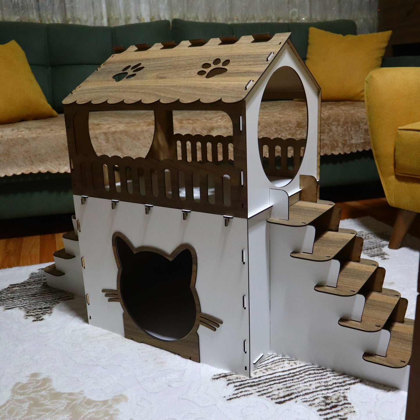 Çift Katlı Ahşap Kedi Evi | Beyaz Ahşap MDF Kedi Kulübesi