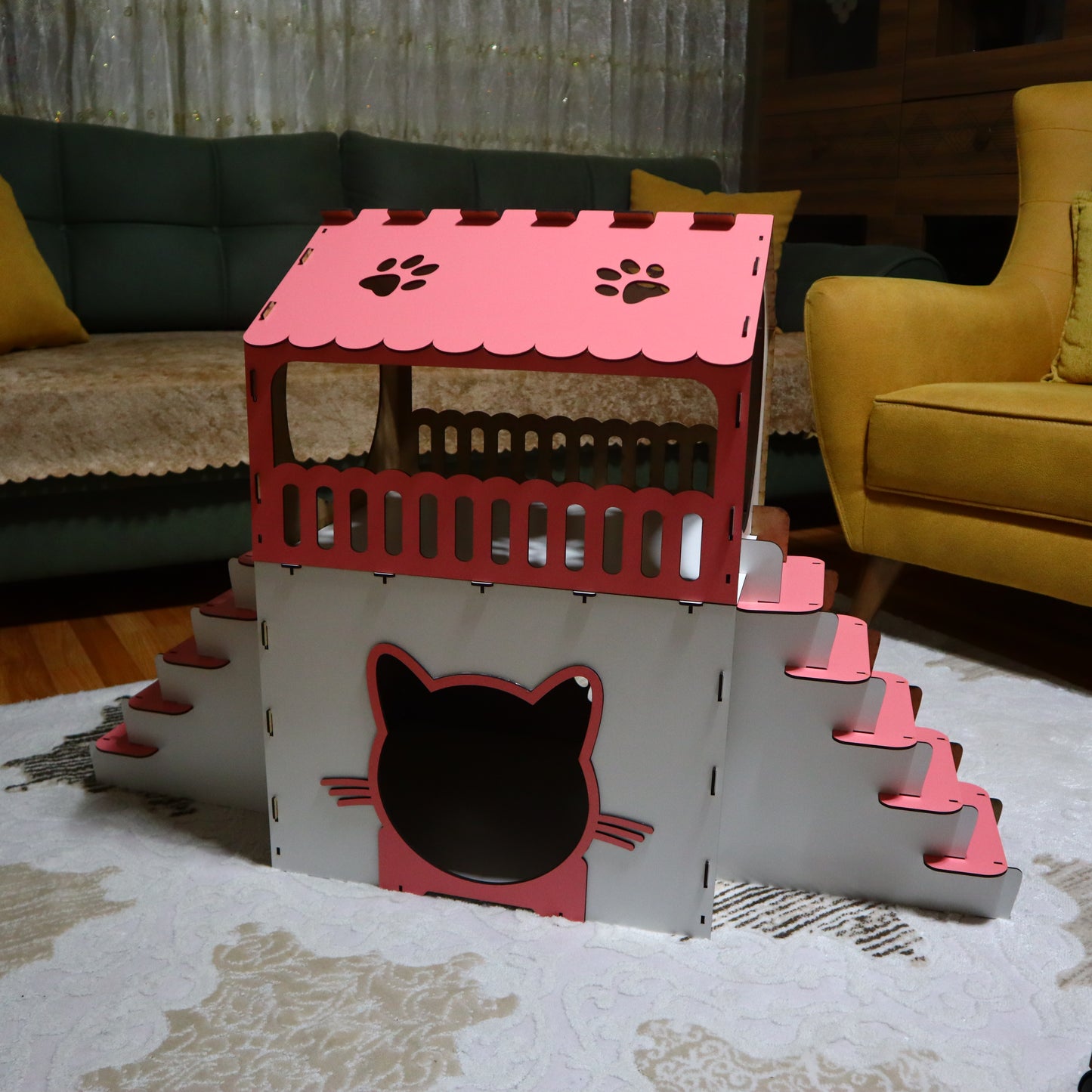 Çift Katlı Ahşap Kedi Evi – Merdivenli, Modern Tasarım, Dayanıklı MDF & Pleksi Kedi Kulübesi | Kapalı ve Açık Alan Kullanımı BEYAZ-PEMBE RENK