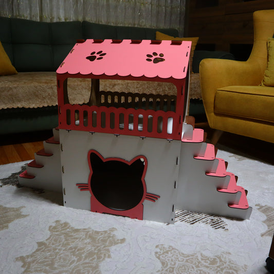 Çift Katlı Ahşap Kedi Evi – Merdivenli, Modern Tasarım, Dayanıklı MDF & Pleksi Kedi Kulübesi | Kapalı ve Açık Alan Kullanımı BEYAZ-PEMBE RENK