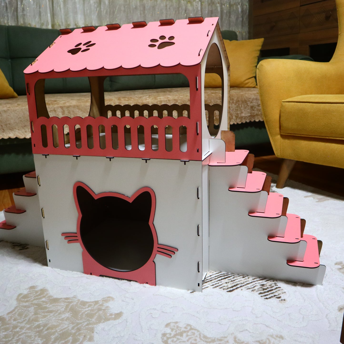 Çift Katlı Ahşap Kedi Evi – Merdivenli, Modern Tasarım, Dayanıklı MDF & Pleksi Kedi Kulübesi | Kapalı ve Açık Alan Kullanımı BEYAZ-PEMBE RENK