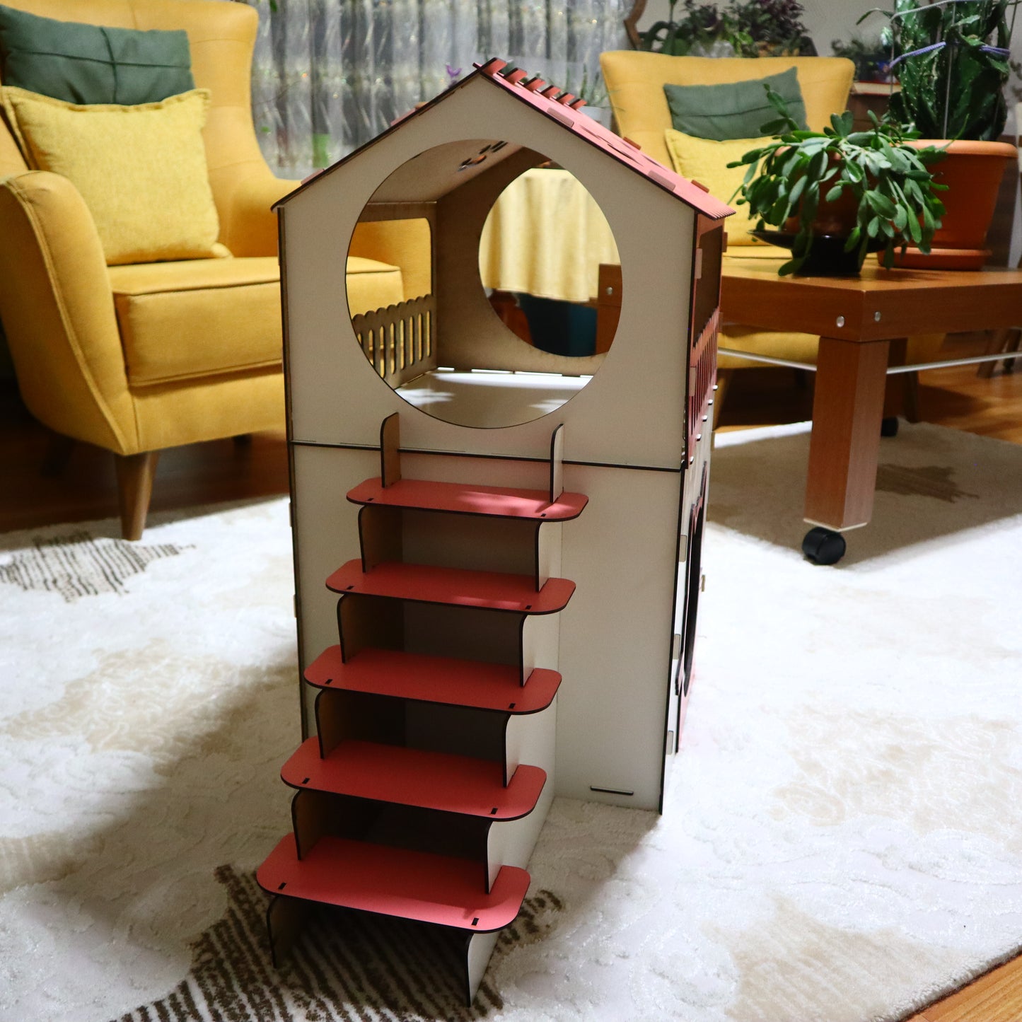 Çift Katlı Ahşap Kedi Evi – Merdivenli, Modern Tasarım, Dayanıklı MDF & Pleksi Kedi Kulübesi | Kapalı ve Açık Alan Kullanımı BEYAZ-PEMBE RENK