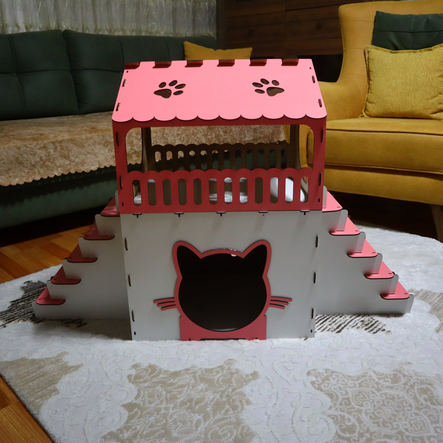 Çift Katlı Ahşap Kedi Evi – Merdivenli, Modern Tasarım, Dayanıklı MDF & Pleksi Kedi Kulübesi | Kapalı ve Açık Alan Kullanımı BEYAZ-PEMBE RENK