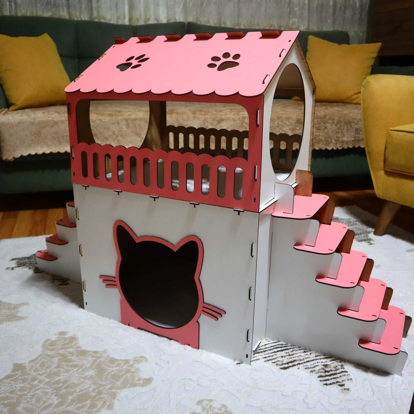Çift Katlı Ahşap Kedi Evi – Merdivenli, Modern Tasarım, Dayanıklı MDF & Pleksi Kedi Kulübesi | Kapalı ve Açık Alan Kullanımı BEYAZ-PEMBE RENK