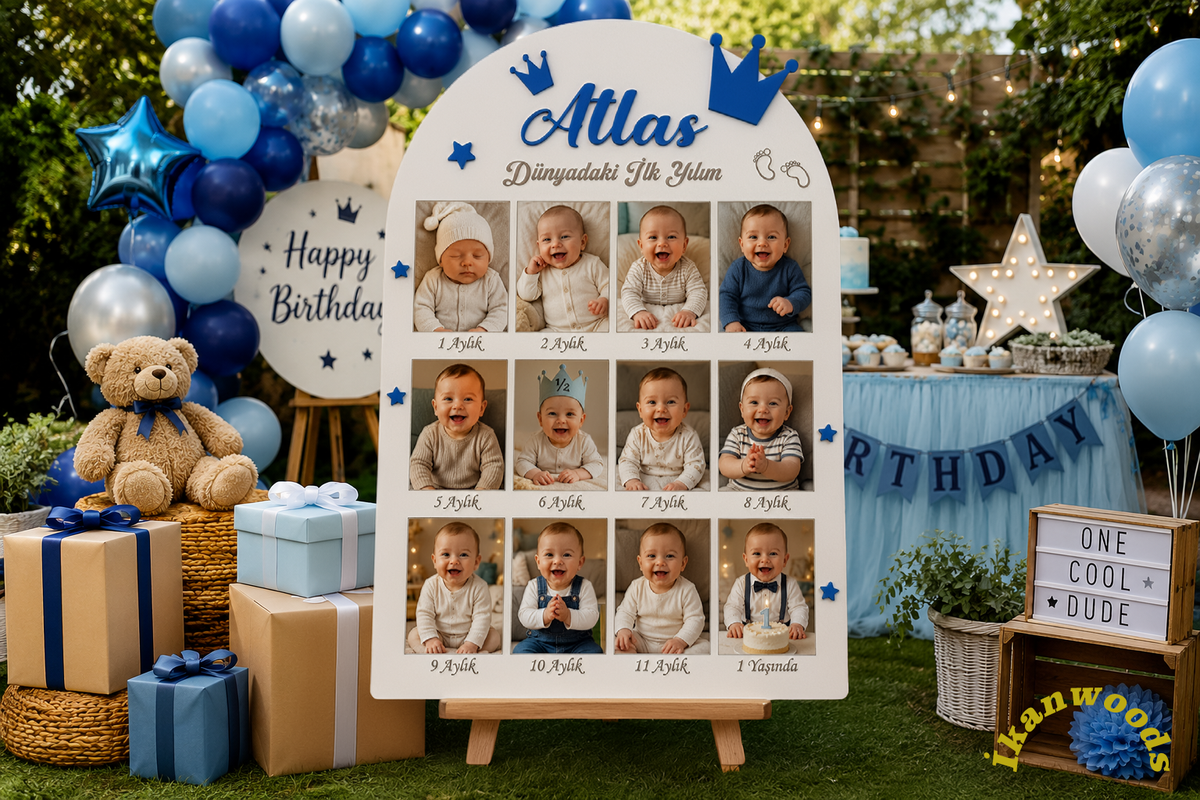 İKANWOODS Kişiye Özel İsimli Bebek 12 Ay Fotoğraf Anı Panosu 35x50 cm Ahşap 1 Yaş Doğum Günü Süsü