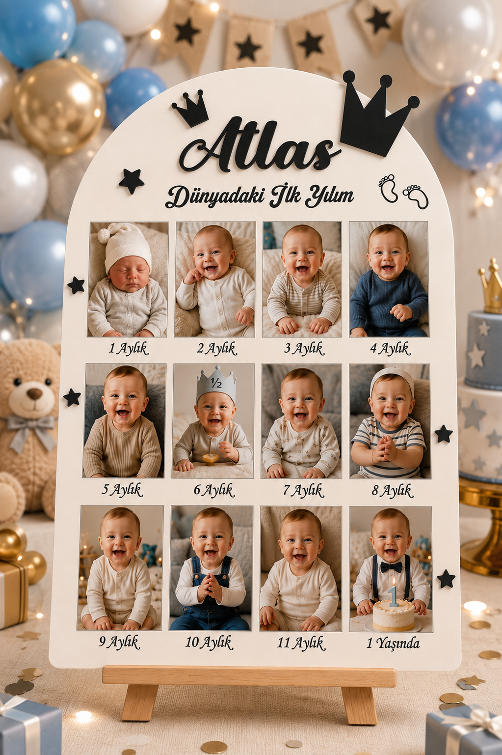 İKANWOODS Kişiye Özel İsimli Bebek 12 Ay Fotoğraf Anı Panosu 35x50 cm Ahşap 1 Yaş Doğum Günü Süsü