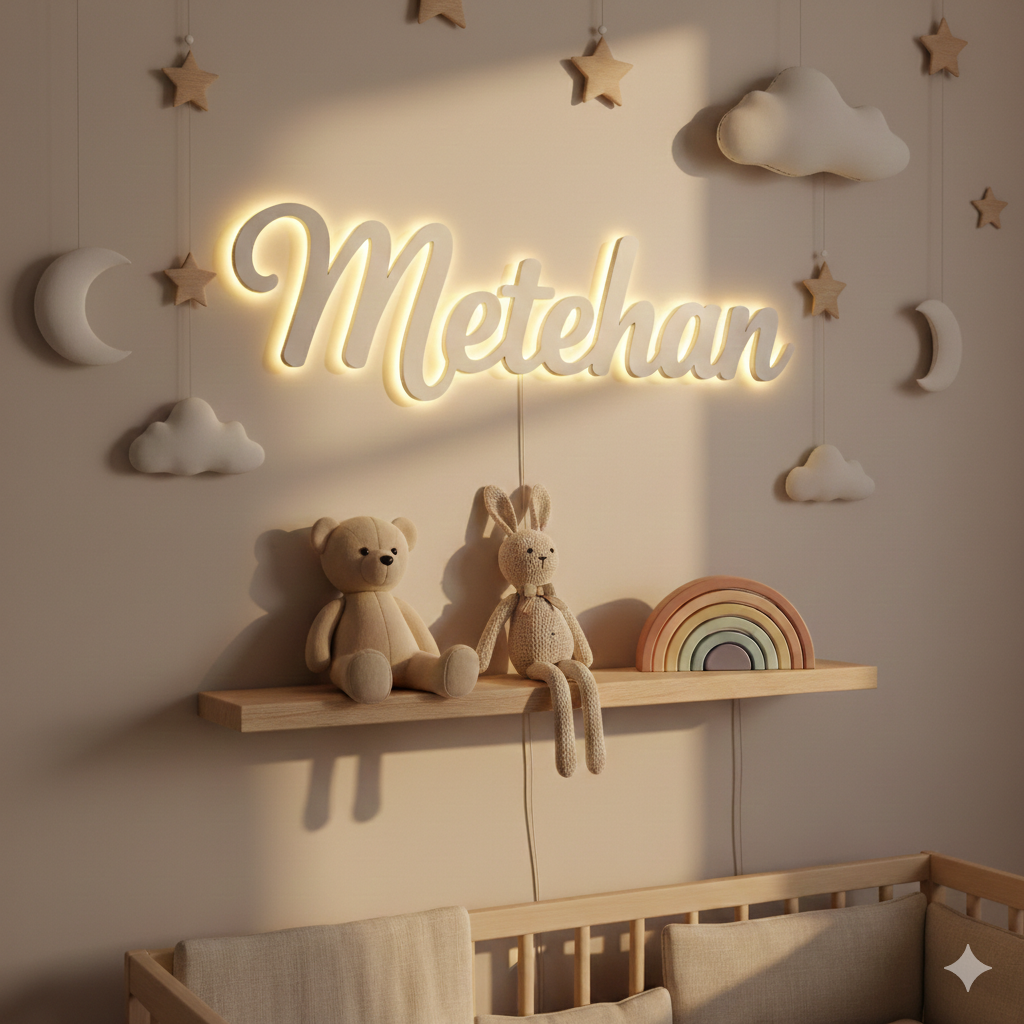 Kişiye Özel LED İsim Tabelası – Çocuk & Bebek Odası Işıklı Kapı Yazısı (30 cm & 50 cm)