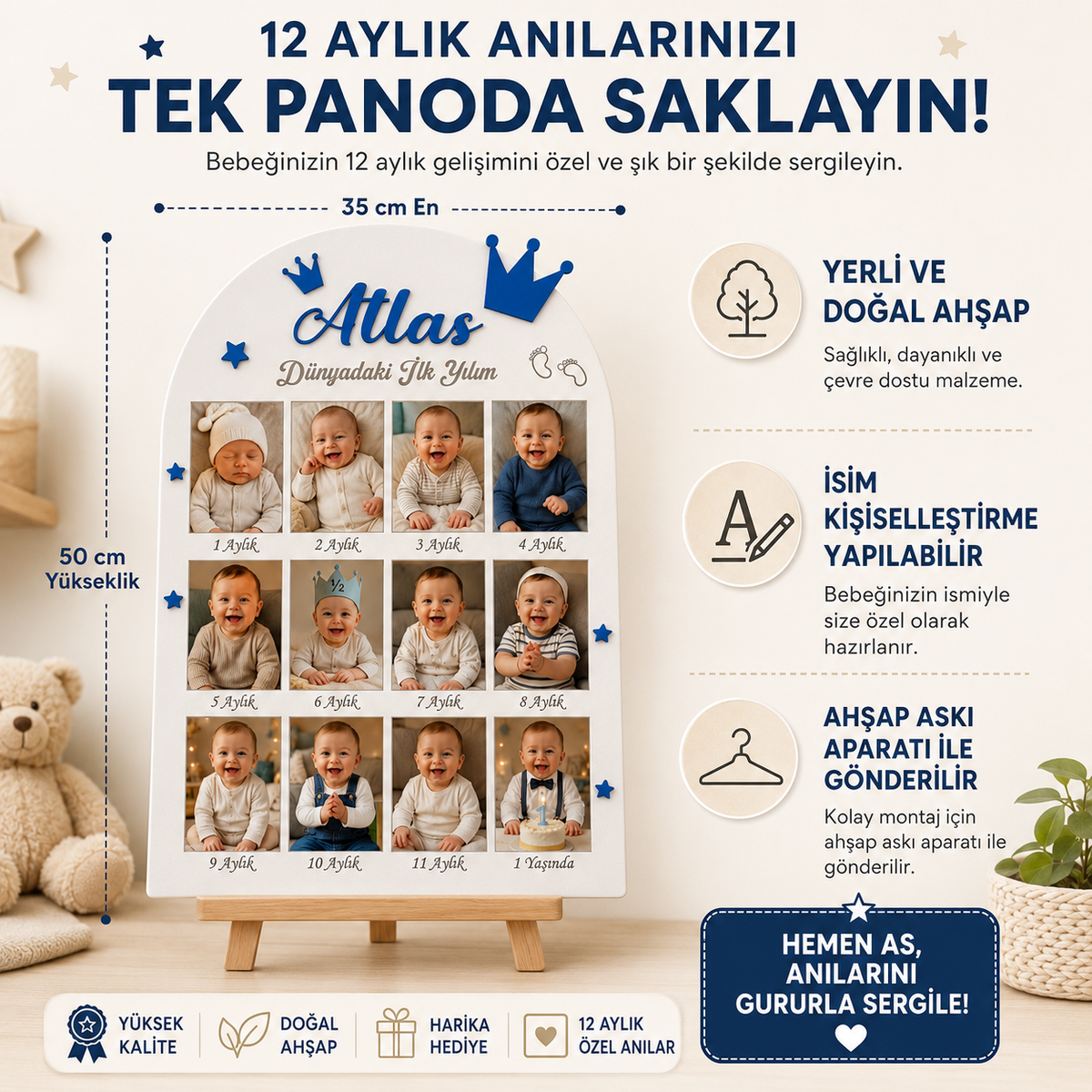 İKANWOODS Kişiye Özel 1 Yaş Doğum Günü Süsü 12 Aylık Fotoğraflı İlk Yaş Anı Panosu Ahşap Bebek Fotoğraf Panosu Gemi ve Çapa Temalı