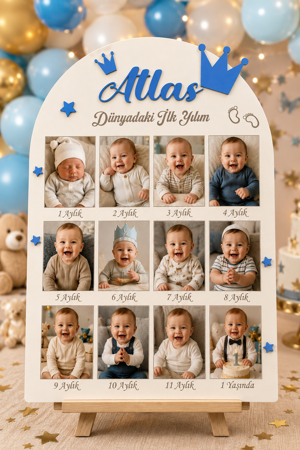 İKANWOODS Kişiye Özel İsimli Bebek 12 Ay Fotoğraf Anı Panosu 35x50 cm Ahşap 1 Yaş Doğum Günü Süsü