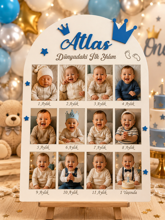 İKANWOODS Kişiye Özel İsimli Bebek 12 Ay Fotoğraf Anı Panosu 35x50 cm Ahşap 1 Yaş Doğum Günü Süsü