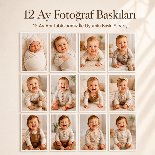 İKANWOODS 12 Ay Bebek Fotoğraf Baskısı 12’li Set Yüksek Çözünürlüklü 1 Yaş Anı Panosu Uyumlu